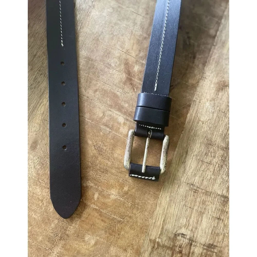 Men’s Genuine Leather Belt Brown Contrast Stitch Brass Buckle Size M/L Argentina
